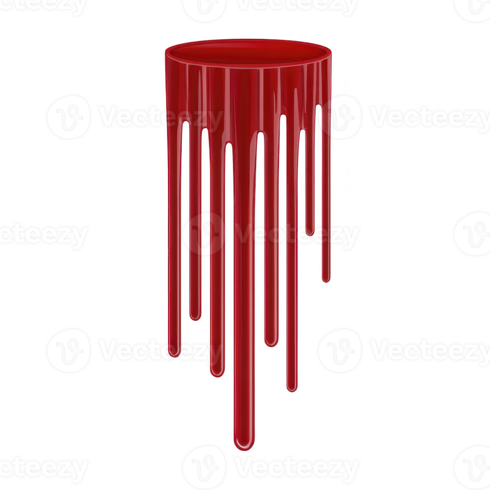Red cylindrical object with dripping paint effect creates striking visual. glossy surface and elongated drips give it modern, artistic appearance png