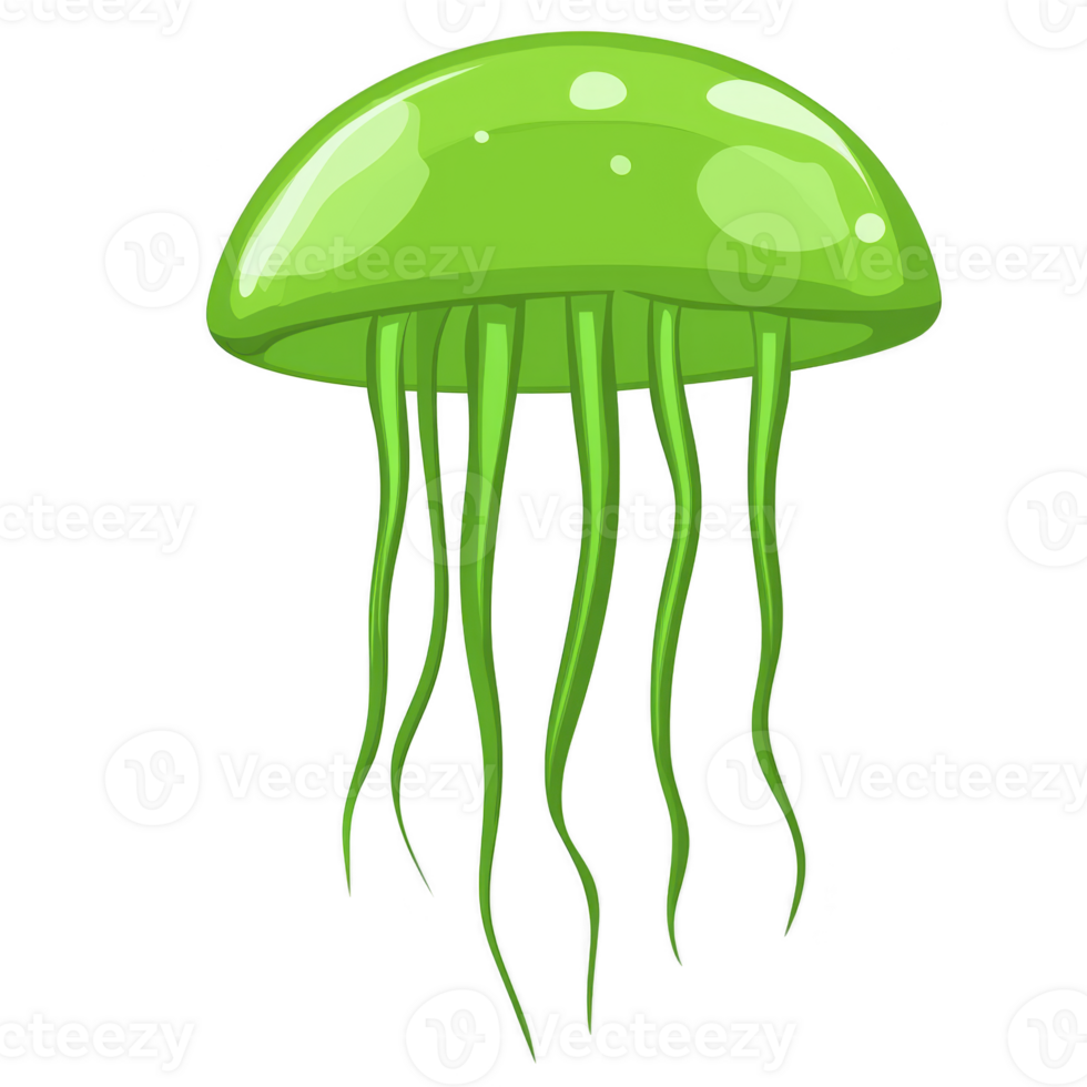 Vibrant green jellyfish illustration with long, flowing tentacles and glossy, translucent appearance. cartoon style adds playful and whimsical touch to marine creature png