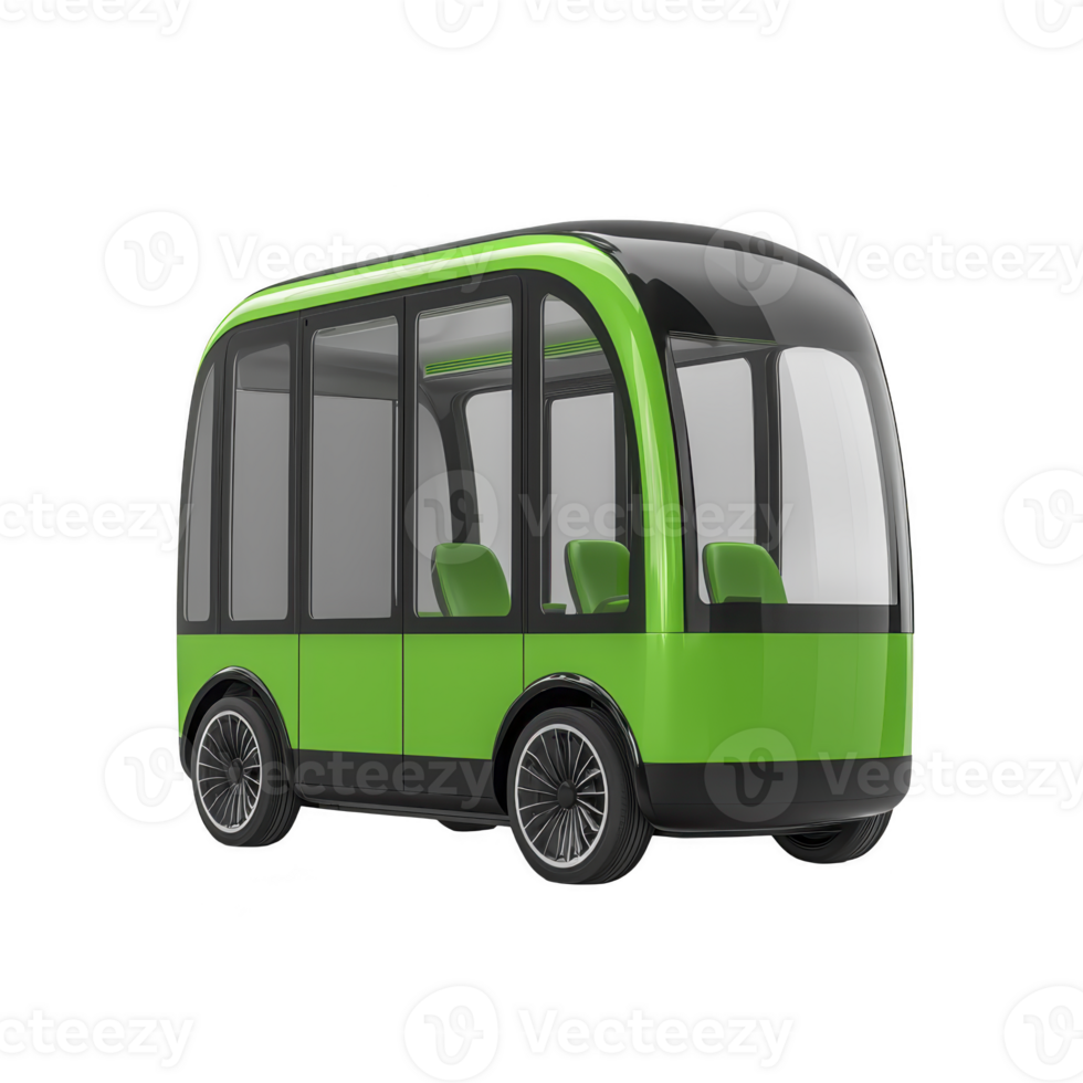 Sleek, modern green autonomous shuttle bus with large windows and compact design, ideal for urban transportation. futuristic vehicle features minimalist style and eco friendly appeal png