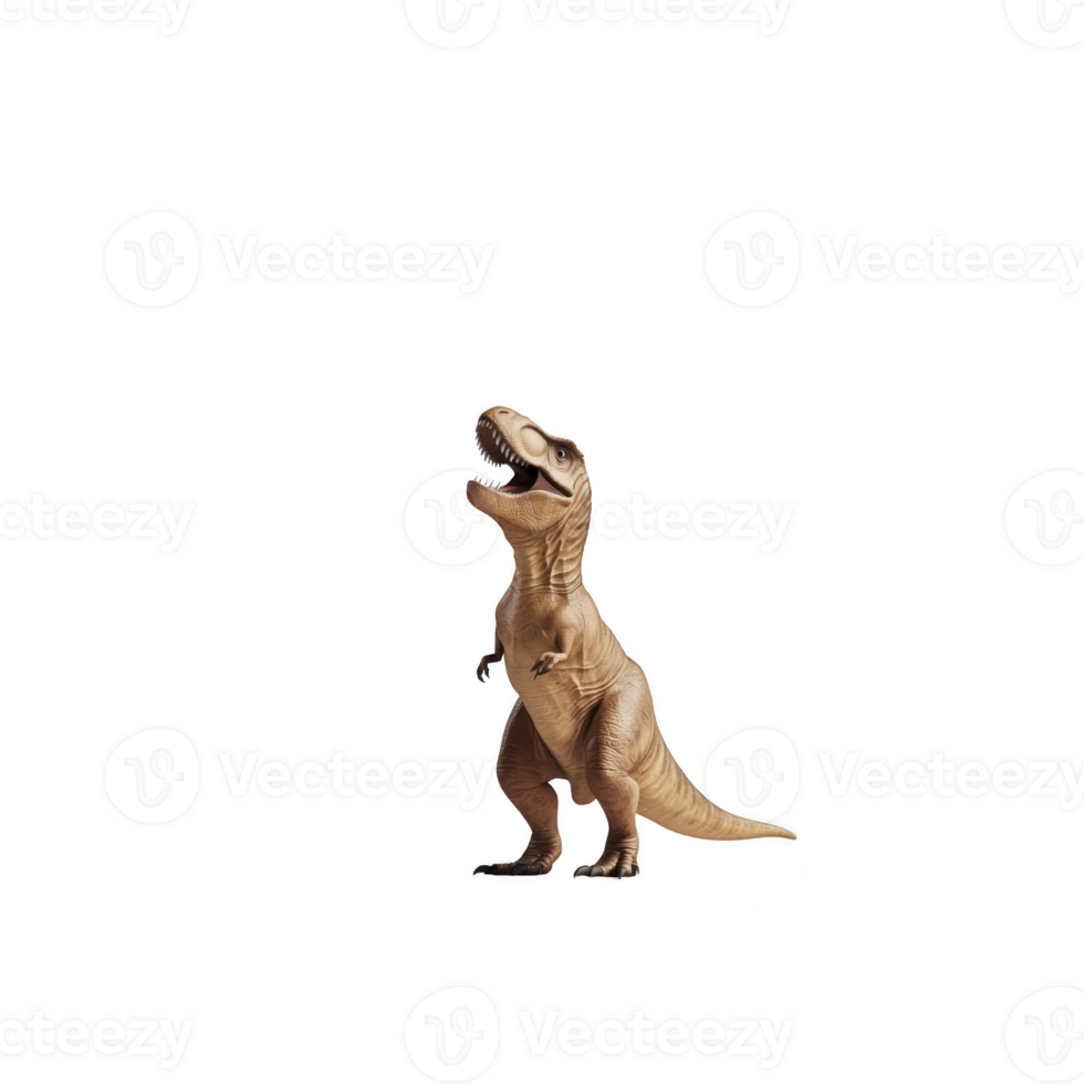Small, realistic toy dinosaur figurine resembling T Rex stands upright with its mouth open, showcasing detailed textures and lifelike appearance. toy is isolated on transparency background png
