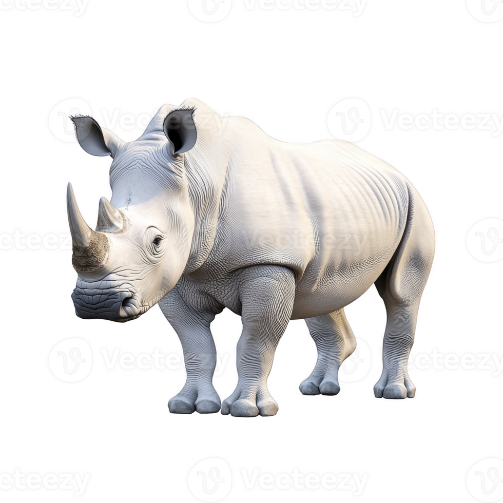 Realistic 3D rendering of white rhinoceros standing on plain background, showcasing its textured skin and prominent horn. image highlights rhino powerful build and natural features png