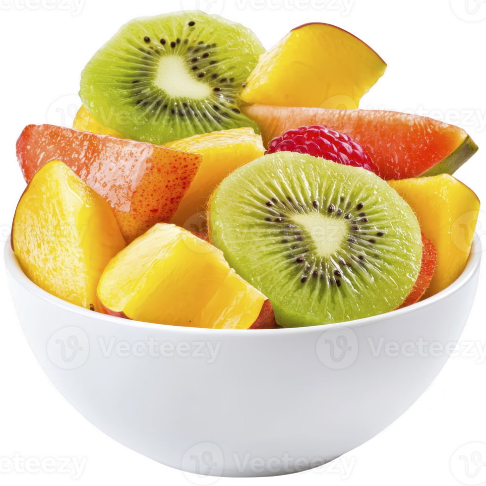 Vibrant bowl of fresh fruit including kiwi, peach, and raspberry, showcasing colorful and healthy snack option. fruits are sliced and arranged in white bowl png