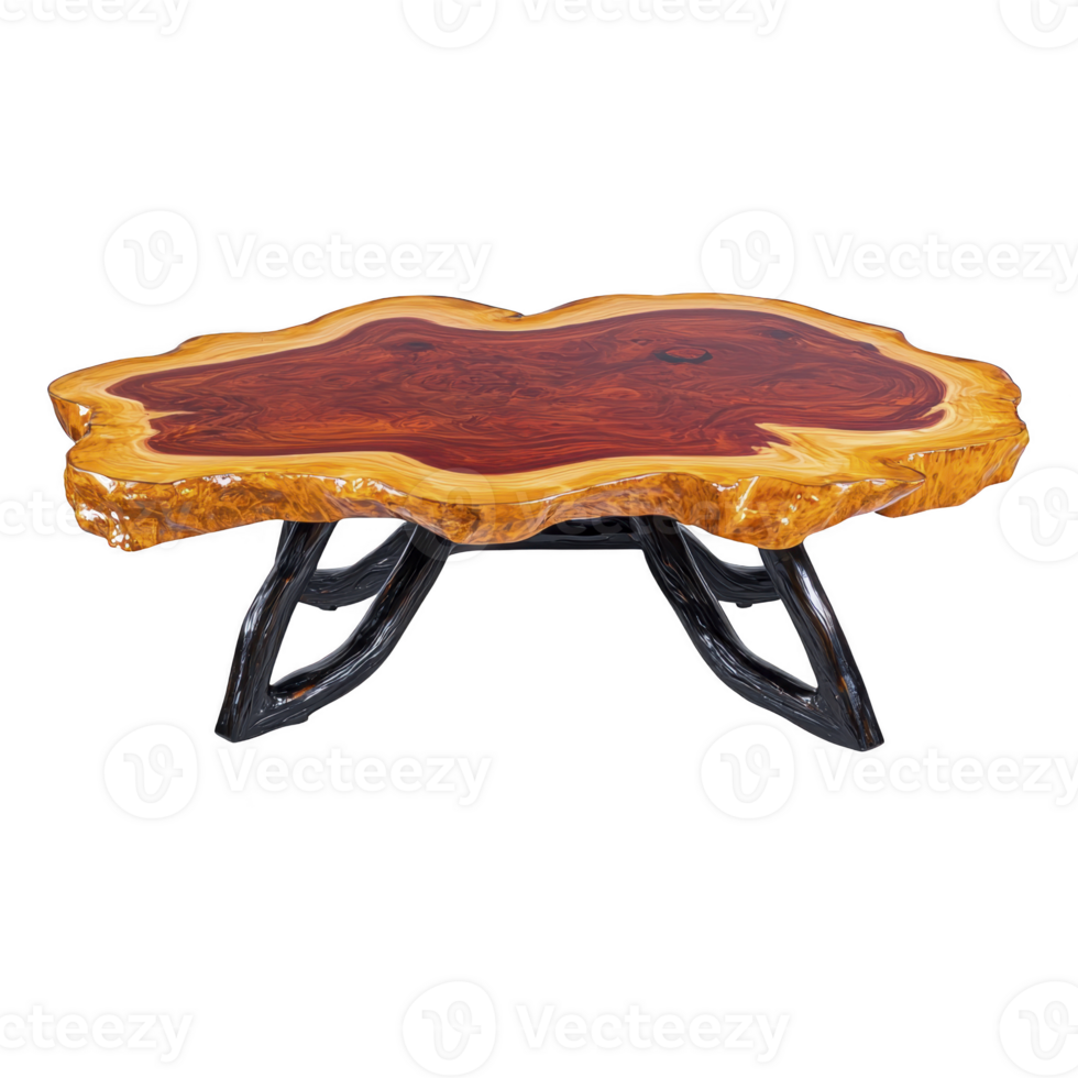 Rustic wooden coffee table with polished, natural edge top and sturdy, artistic legs adds touch of nature to any living space png