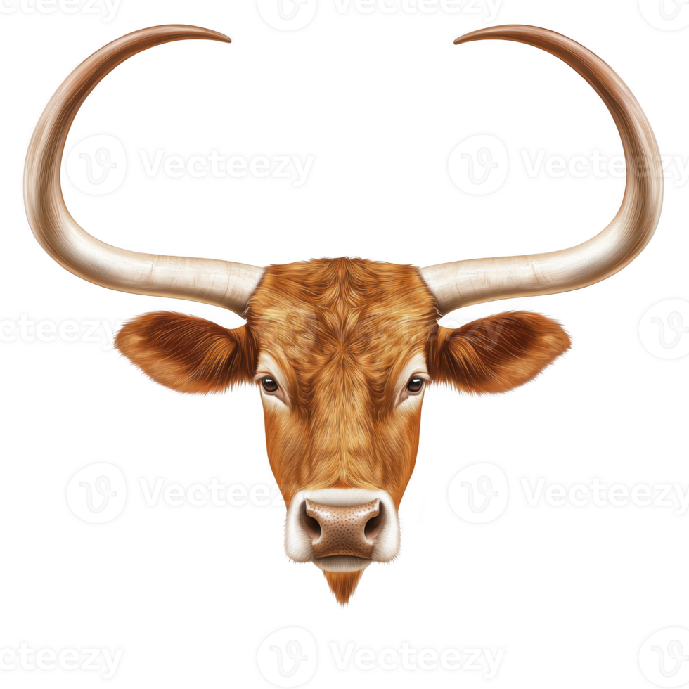 Realistic illustration of brown bull head with large curved horns, showcasing detailed fur texture and calm expression. image is isolated on transparency background png