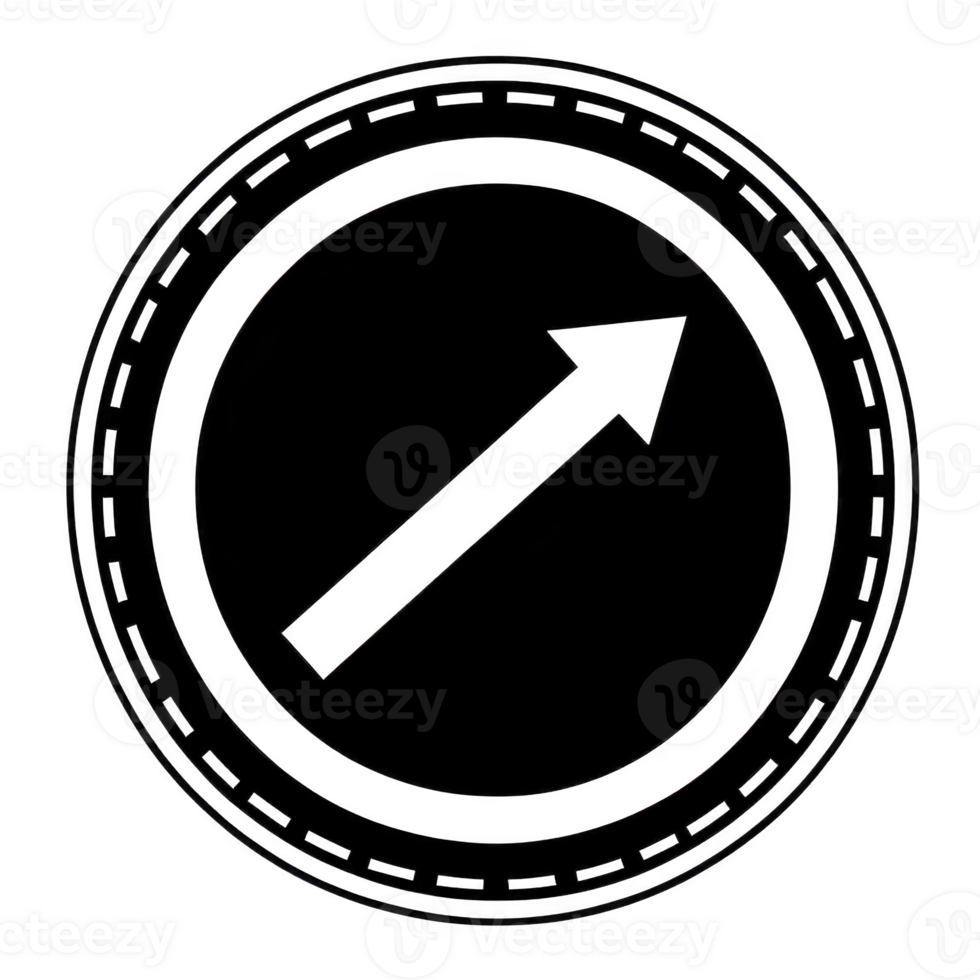 Circular black and white icon features upward arrow, symbolizing progress or direction. design is simple and bold, with chain like border adding texture png