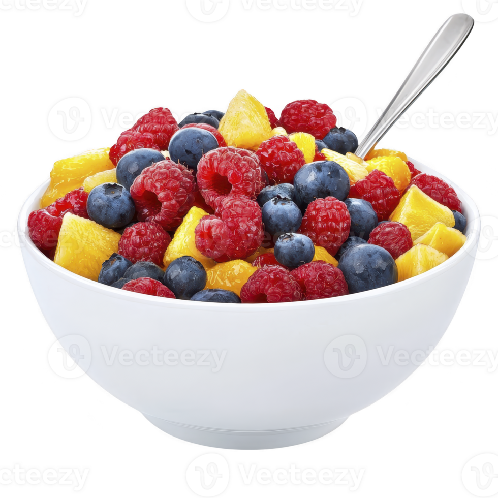 White bowl filled with colorful mix of fresh fruits including blueberries, raspberries, and pineapple chunks, with spoon. vibrant colors and variety of fruits create appetizing and healthy png