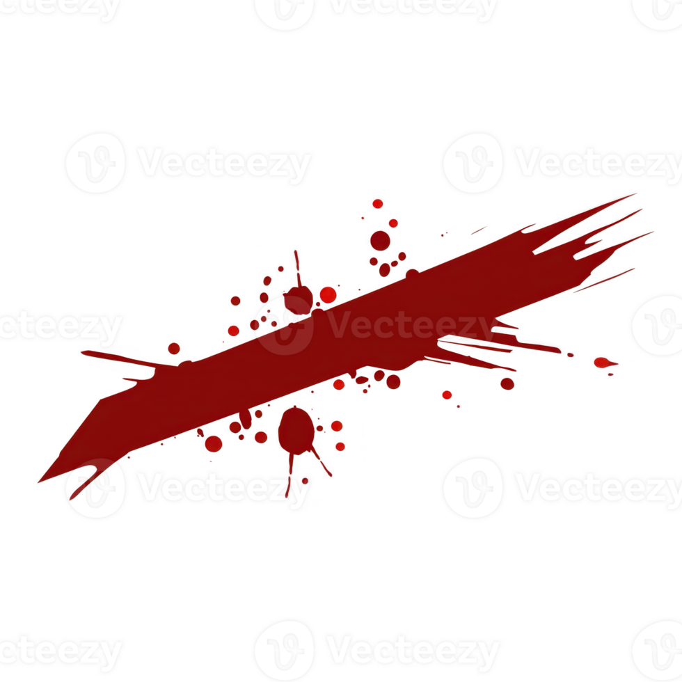 Red paint splatter with bold, jagged streak and scattered droplets on transparent background, evoking sense of dynamic energy and creativity png