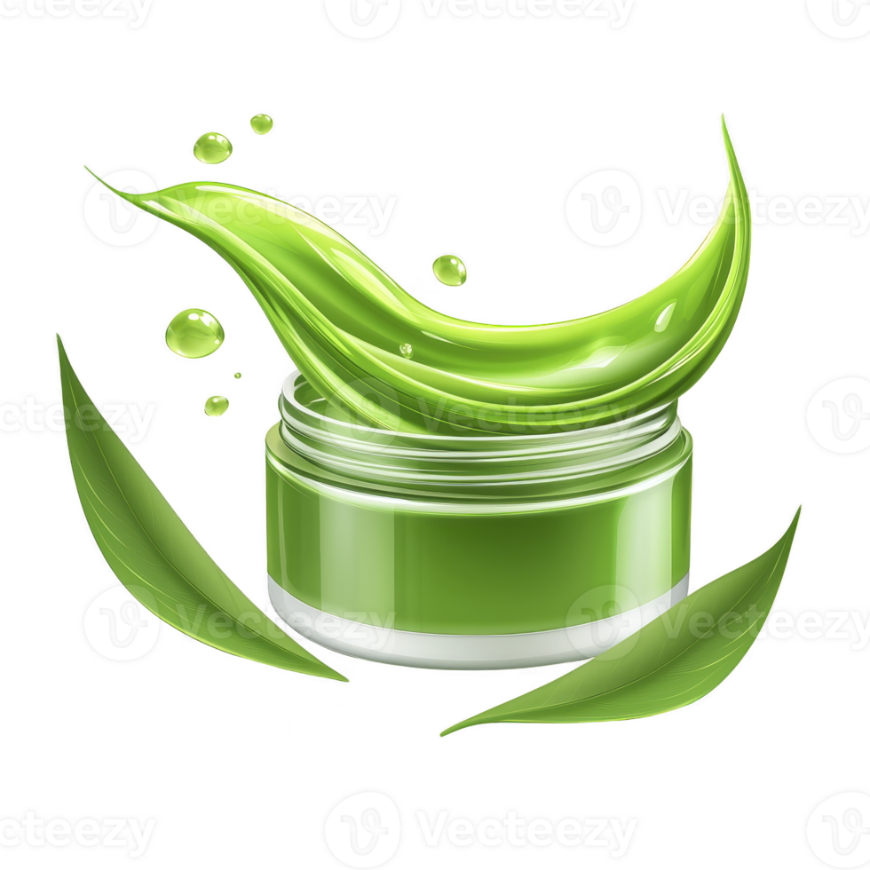 Green cosmetic jar with swirling leaf design and droplets, symbolizing freshness and natural ingredients. image conveys sense of purity and eco friendliness png