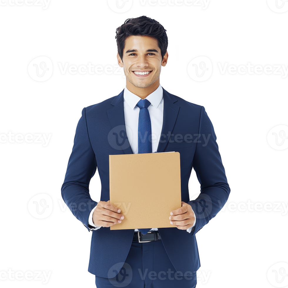 Confident man in blue suit holds folder, smiling warmly. professional attire and positive demeanor suggest business or corporate setting, conveying sense of success and approachability png