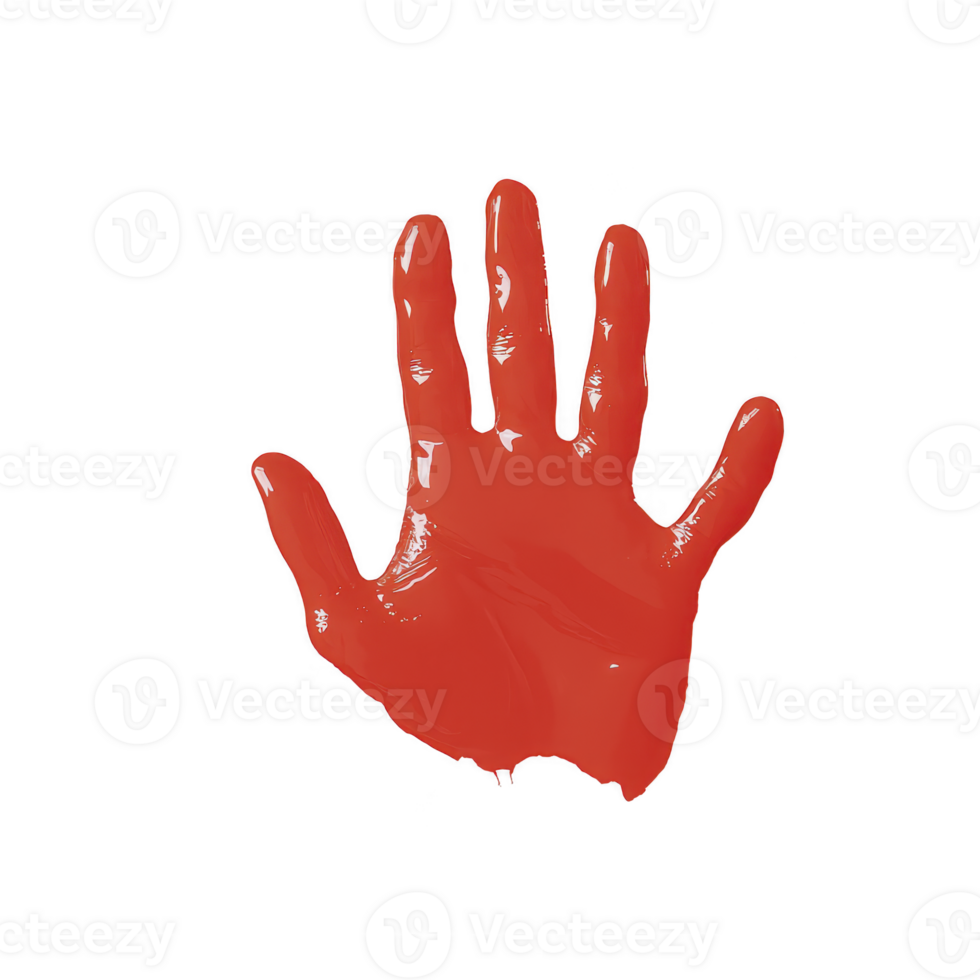 Red handprint on transparency background creates striking and bold visual. vivid color contrasts sharply with dark backdrop, evoking sense of mystery or drama png