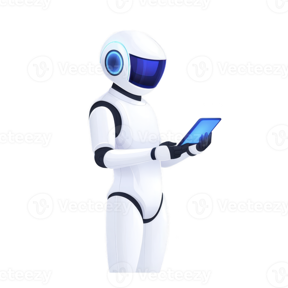 Humanoid robot with sleek white design is holding tablet, showcasing advanced technology and futuristic innovation. robot blue visor adds modern touch png