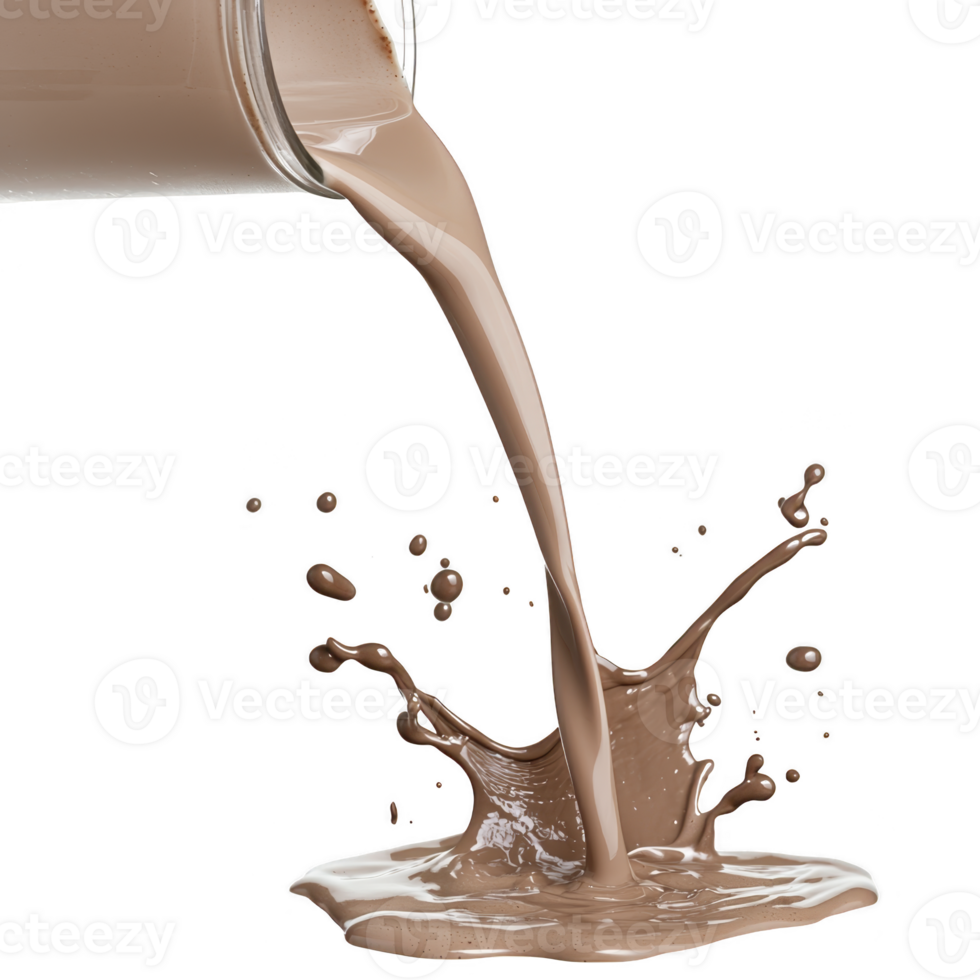 Splash of chocolate milk is captured mid air, creating dynamic splashes and droplets. rich brown liquid contrasts against transparency background, emphasizing motion and texture png