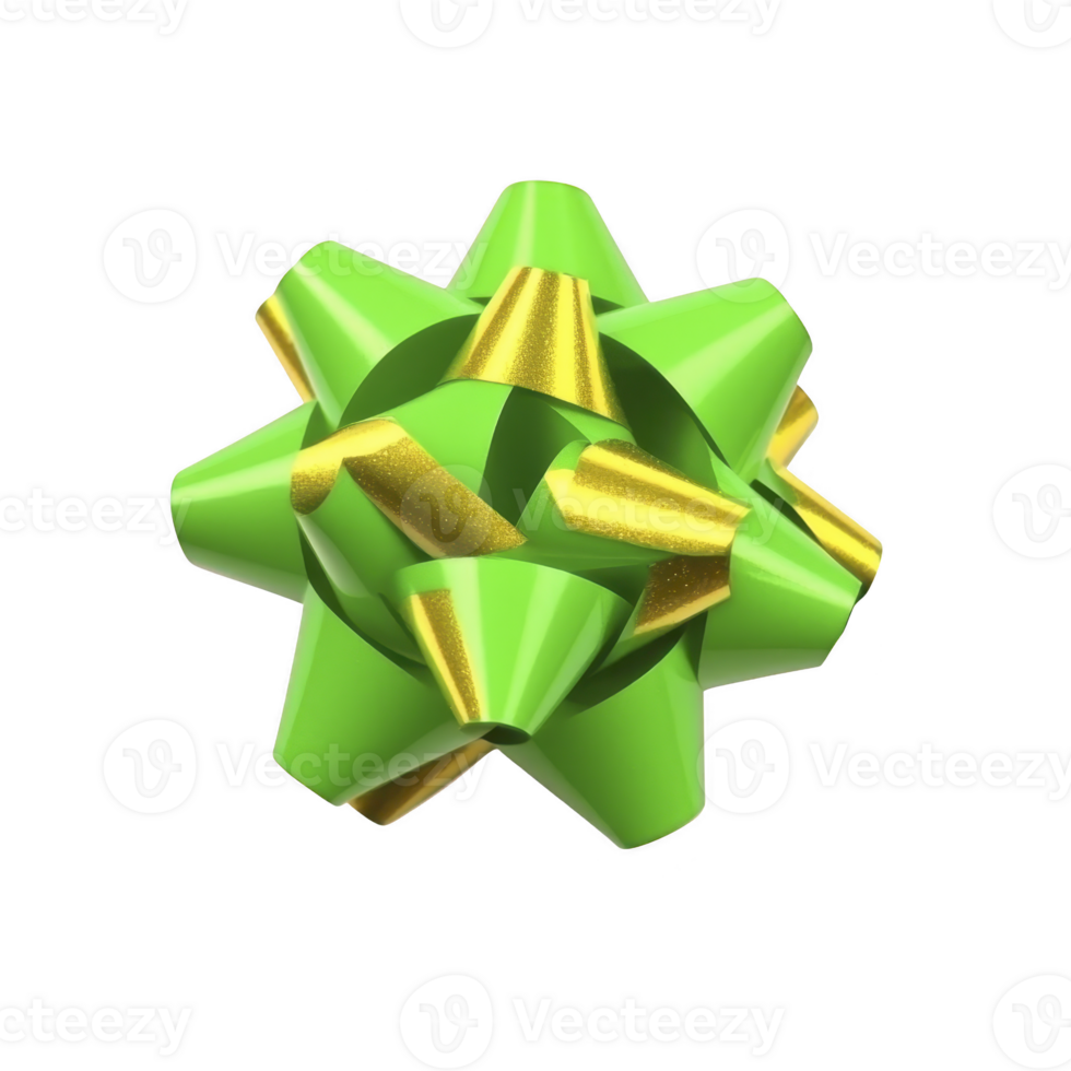 Vibrant green and gold gift bow with glossy finish, perfect for adding festive touch to presents. bow shiny texture and bright colors create cheerful and celebratory feel png