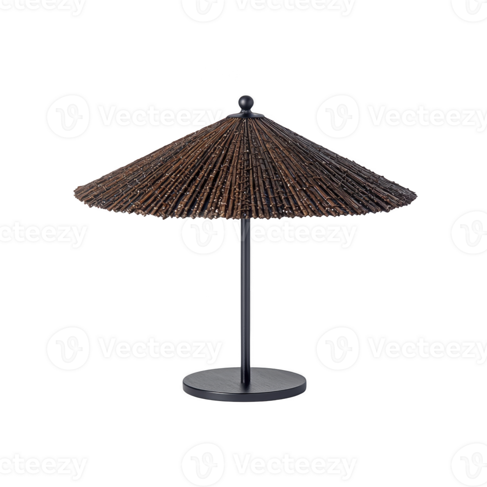 Straw parasol with wide, conical thatched roof and sturdy black metal pole and base, perfect for outdoor settings like beaches or gardens png