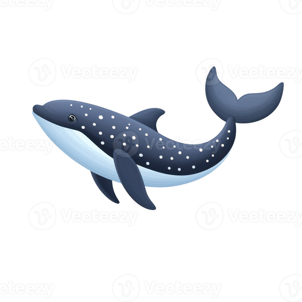 Cute cartoon whale with spotted pattern swims joyfully, showcasing its playful nature. illustration features blue and white color scheme, emphasizing its friendly appearance png
