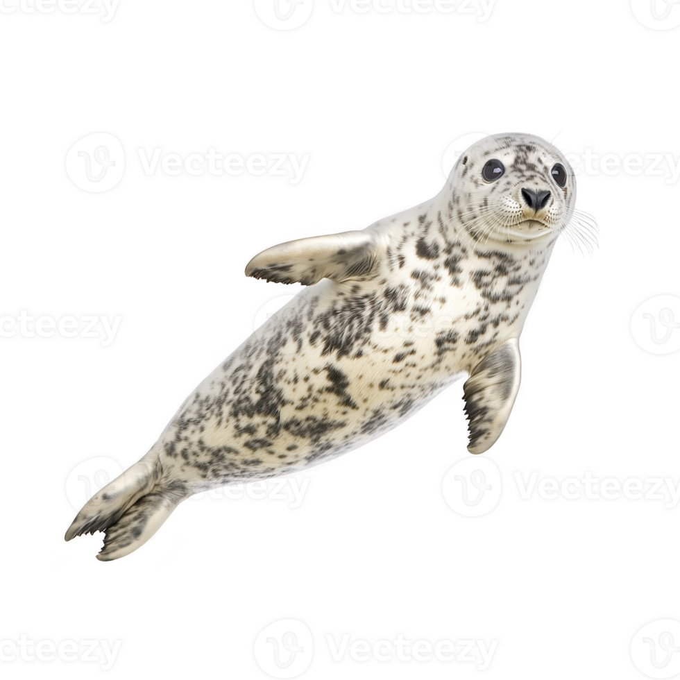 Playful harbor seal with spotted fur swims gracefully, showcasing its sleek body and curious expression. seal natural habitat is ocean, where it thrives in marine environments png