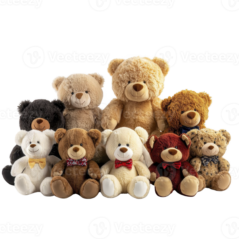 Group of adorable teddy bears in various colors and sizes, each with unique bow ties, are arranged together, creating heartwarming and playful scene png