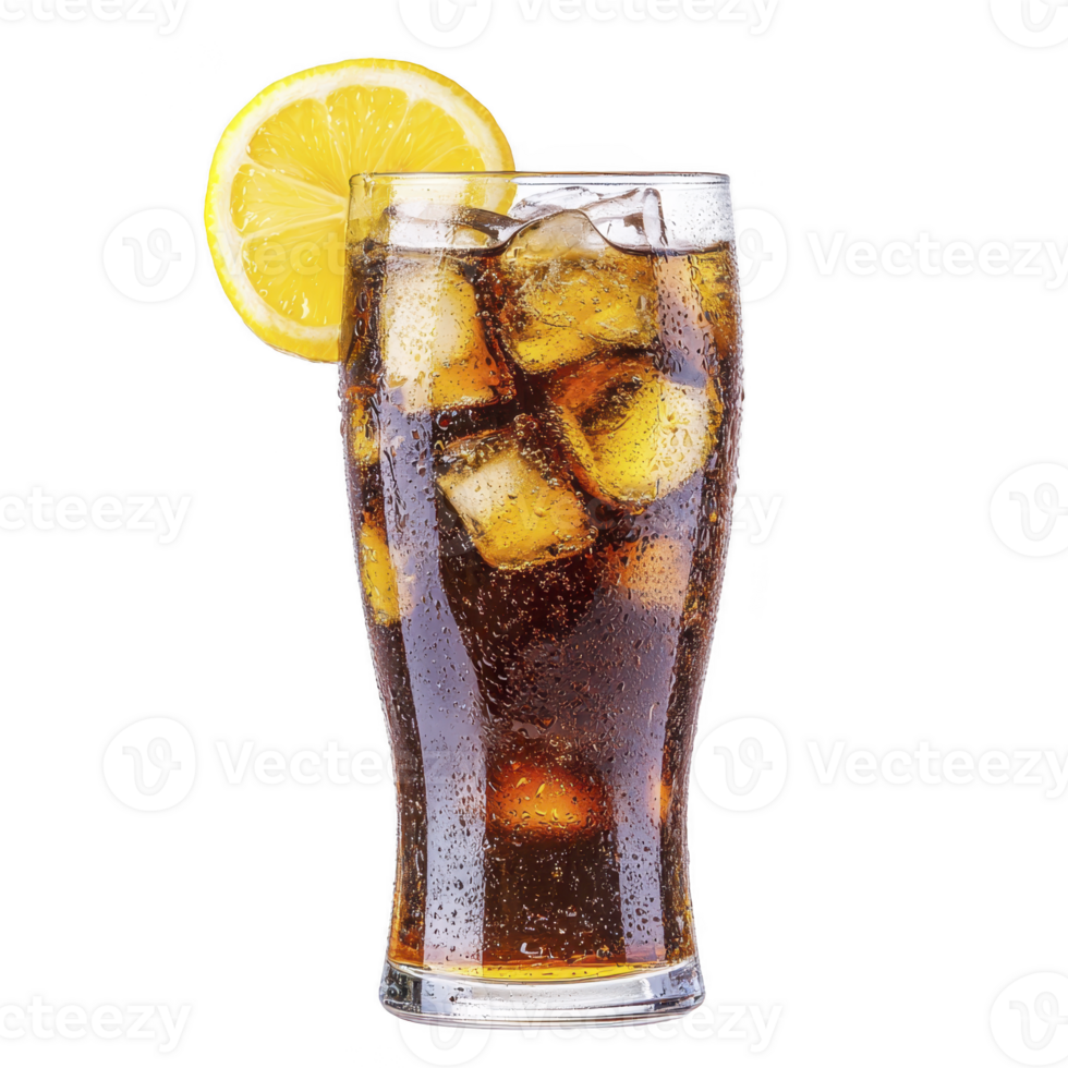 Refreshing glass of iced with lemon slice, showcasing condensation and ice cubes. drink is served in clear glass, highlighting its fizzy texture and inviting appearance png