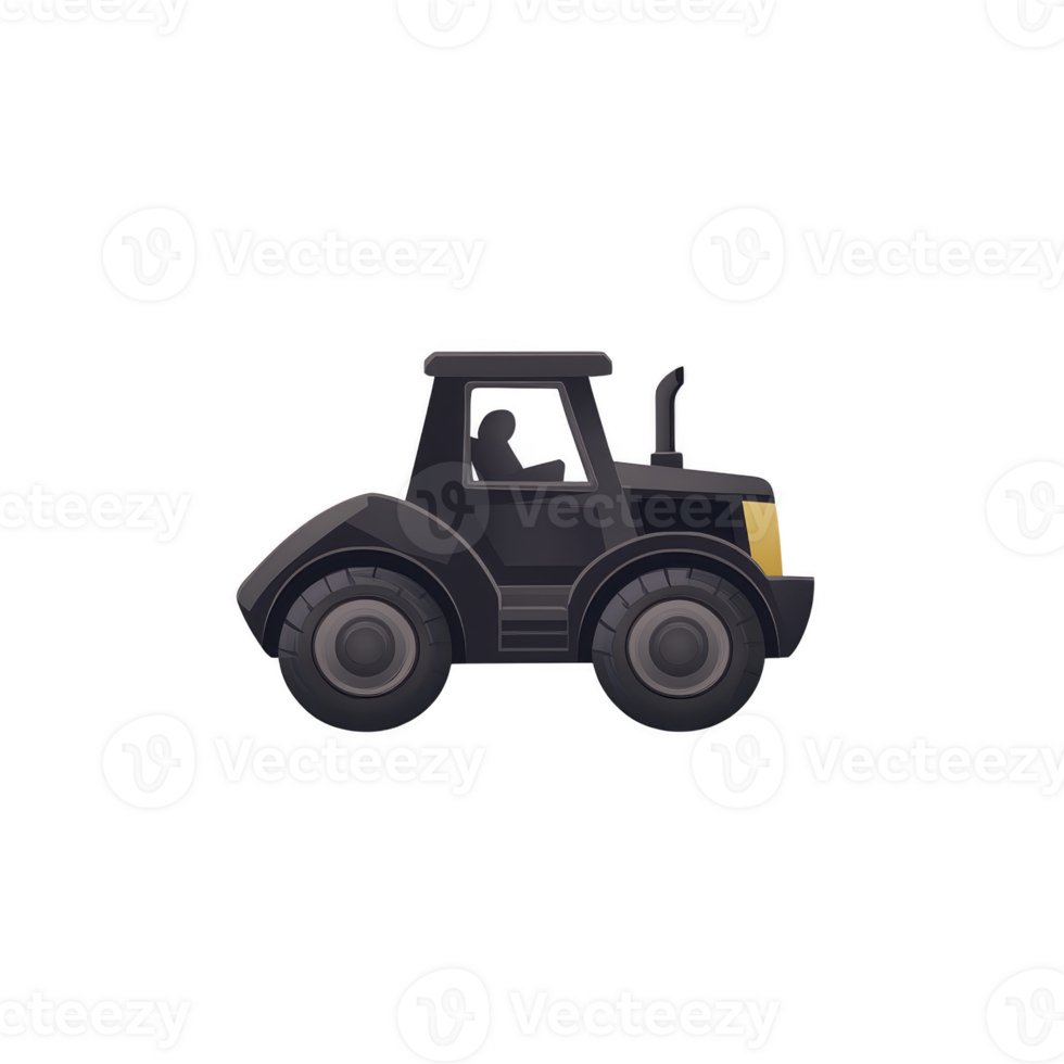 Black cartoon tractor with large wheels and simple design, conveying playful and whimsical feel. tractor is depicted in side view, highlighting its basic structure and features png