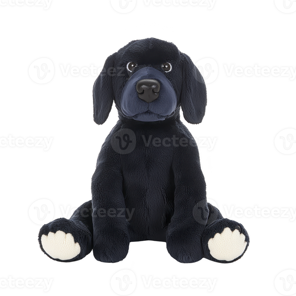 Cute, cartoon style black puppy with big eyes and white paws sits against transparent background, conveying playful and adorable expression png
