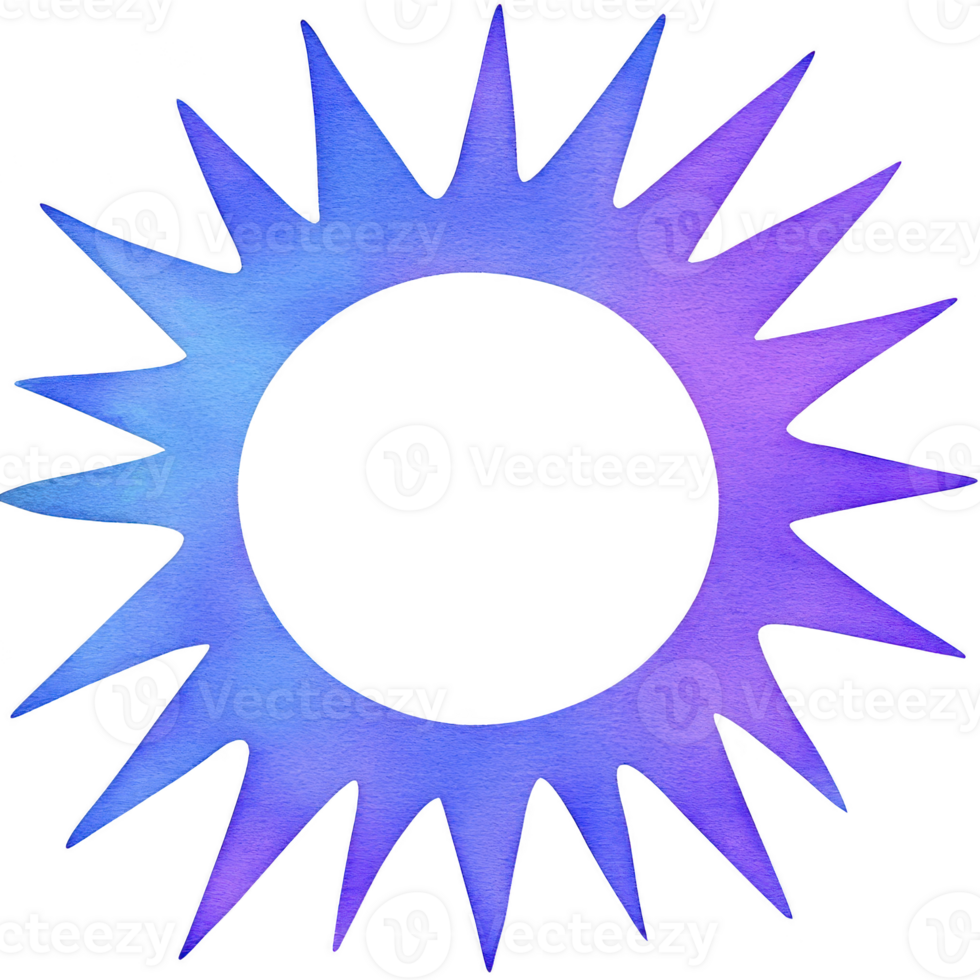 Vibrant, watercolor sunburst design with sharp, pointed rays in shades of blue and purple creates dynamic and artistic effect. gradient colors add depth and sense of movement png