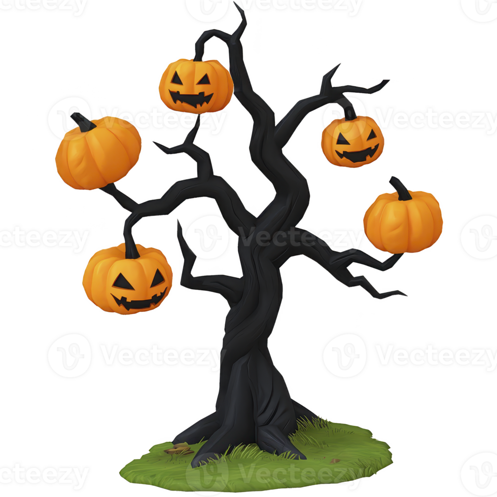 Spooky tree with carved pumpkins hanging from its branches, set on grassy patch, creates festive Halloween atmosphere. jack o lanterns add playful yet eerie touch png