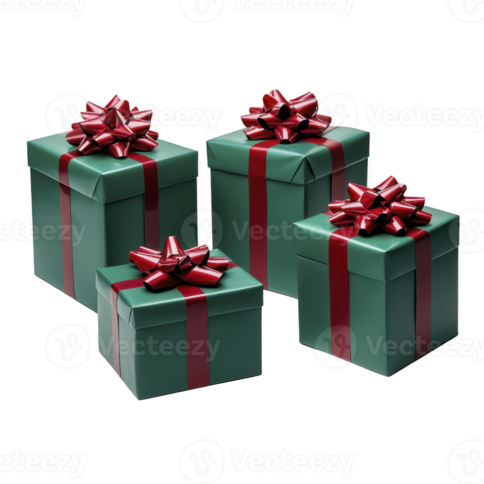 Four green gift boxes with shiny red ribbons are arranged together, creating festive and joyful atmosphere. boxes vary in size, adding visual interest and sense of anticipation png