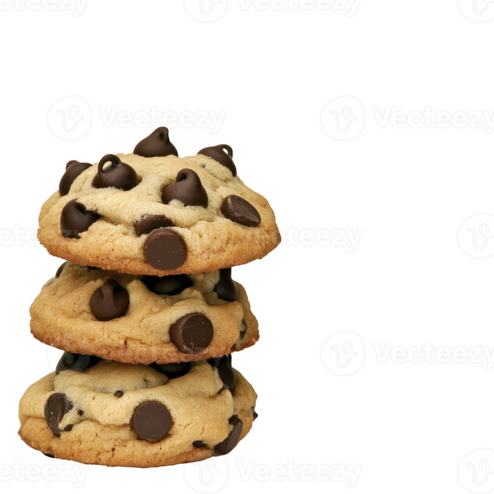 Three delicious chocolate chip cookies stacked on top of each other. showcasing their golden brown texture and rich chocolate chips. Perfect for sweet treat or dessert png