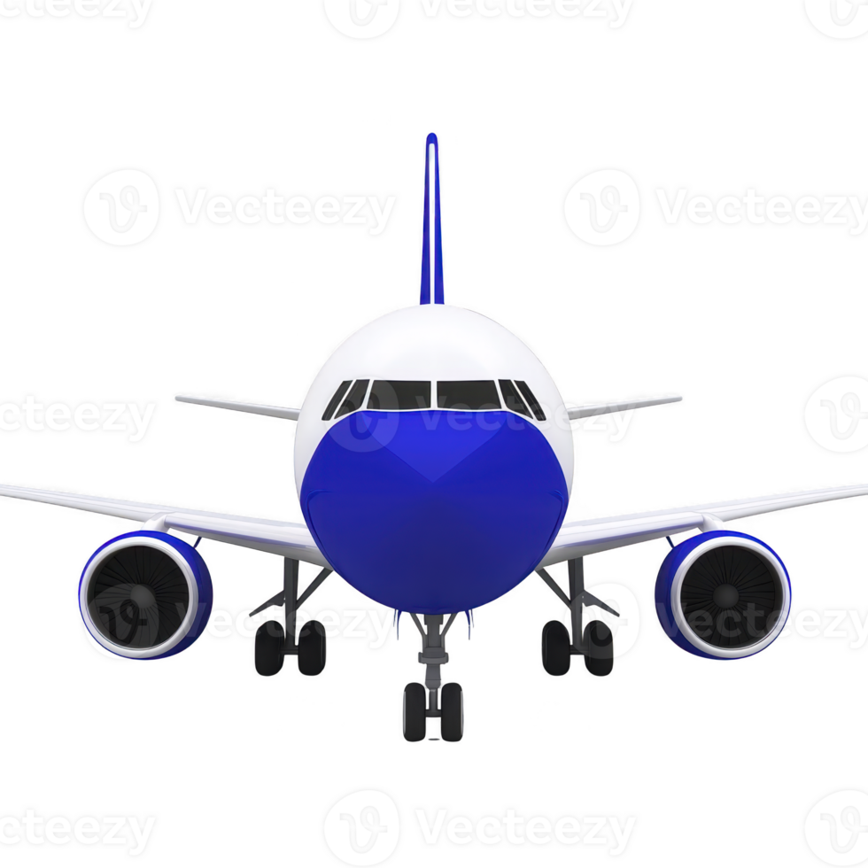 Front view of commercial airplane with blue and white color scheme, showcasing its engines and landing gear. aircraft is isolated on transparency background png