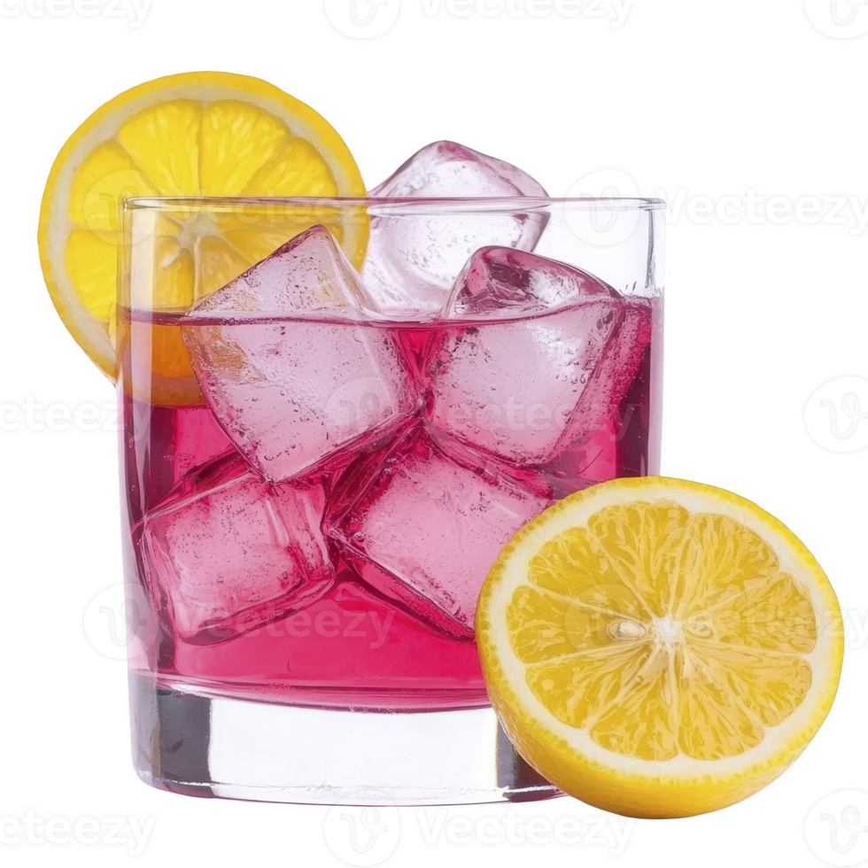 Refreshing pink cocktail with ice cubes in glass, garnished with lemon slices, evokes sense of summer relaxation png