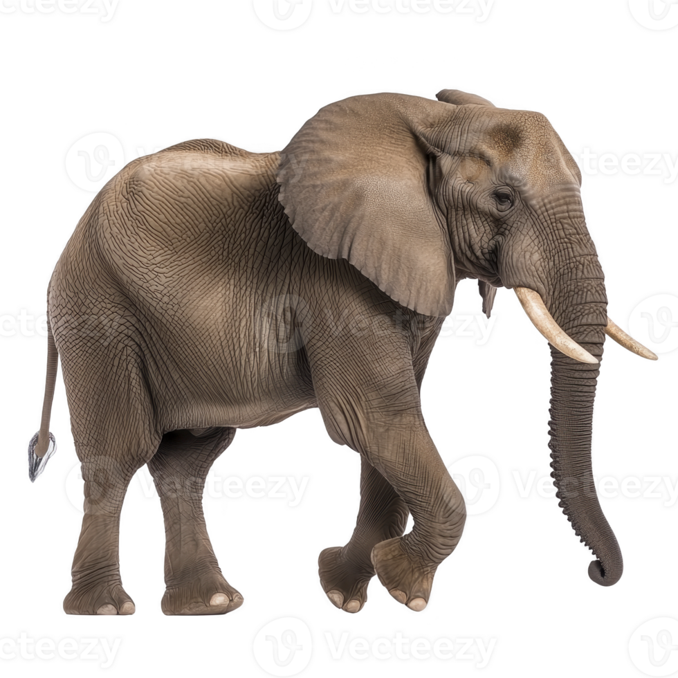 Majestic African elephant stands gracefully, showcasing its large ears and long tusks. textured skin and powerful stance highlight its strength and presence png
