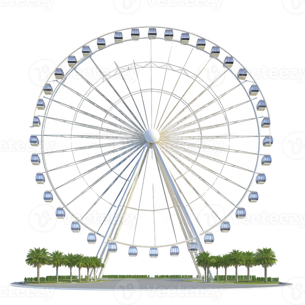 Large Ferris wheel with multiple cabins stands tall against clear sky, surrounded by lush green palm trees, creating serene and inviting atmosphere png
