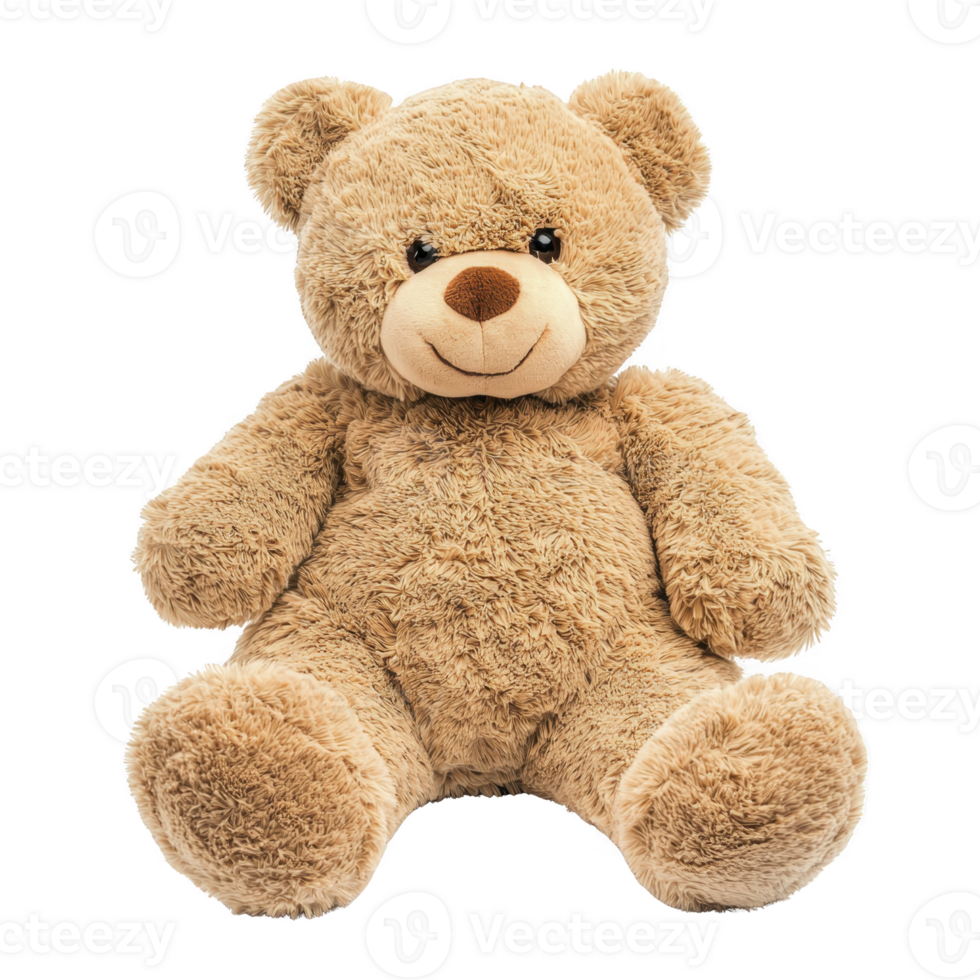 Fluffy brown teddy bear with friendly smile, perfect for cuddling and comforting children. Its soft texture and cute design make it ideal gift for kids and collectors alike png