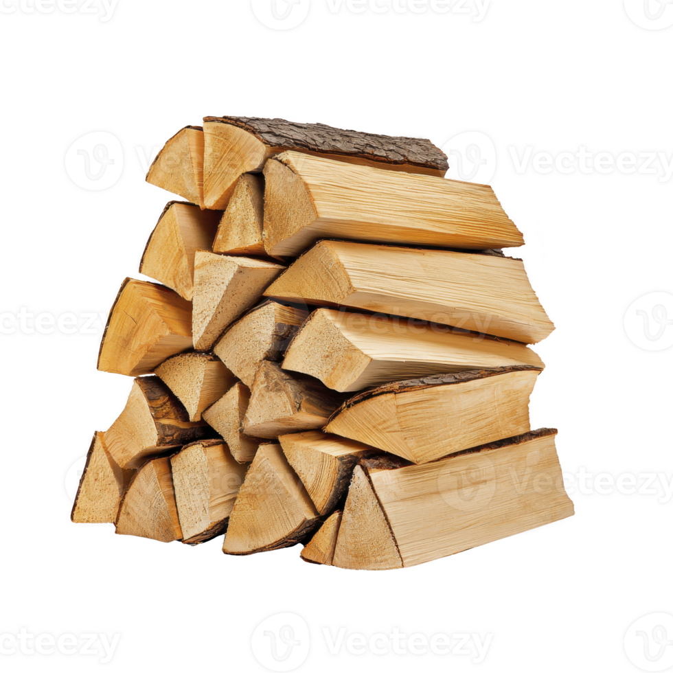 Stack of neatly arranged firewood logs, showcasing their natural texture and color, ready for use in fireplace or campfire. wood is cut into uniform pieces, highlighting its rustic appeal png