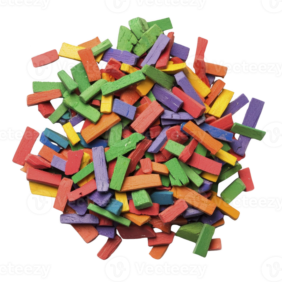 Vibrant pile of colorful wooden sticks in various shapes and sizes, creating playful and artistic arrangement. mix of bright colors includes red, blue, green, yellow, and purple png