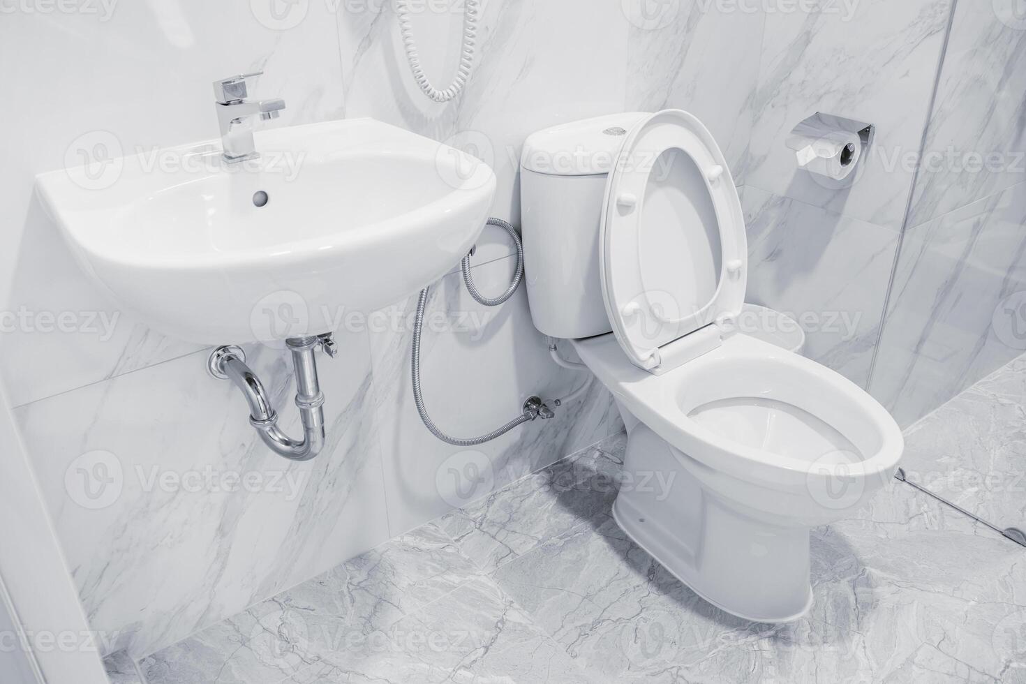 Clean new modern Toilet bowl wash sink in the hotel bathroom, Restroom white hygiene color tone photo