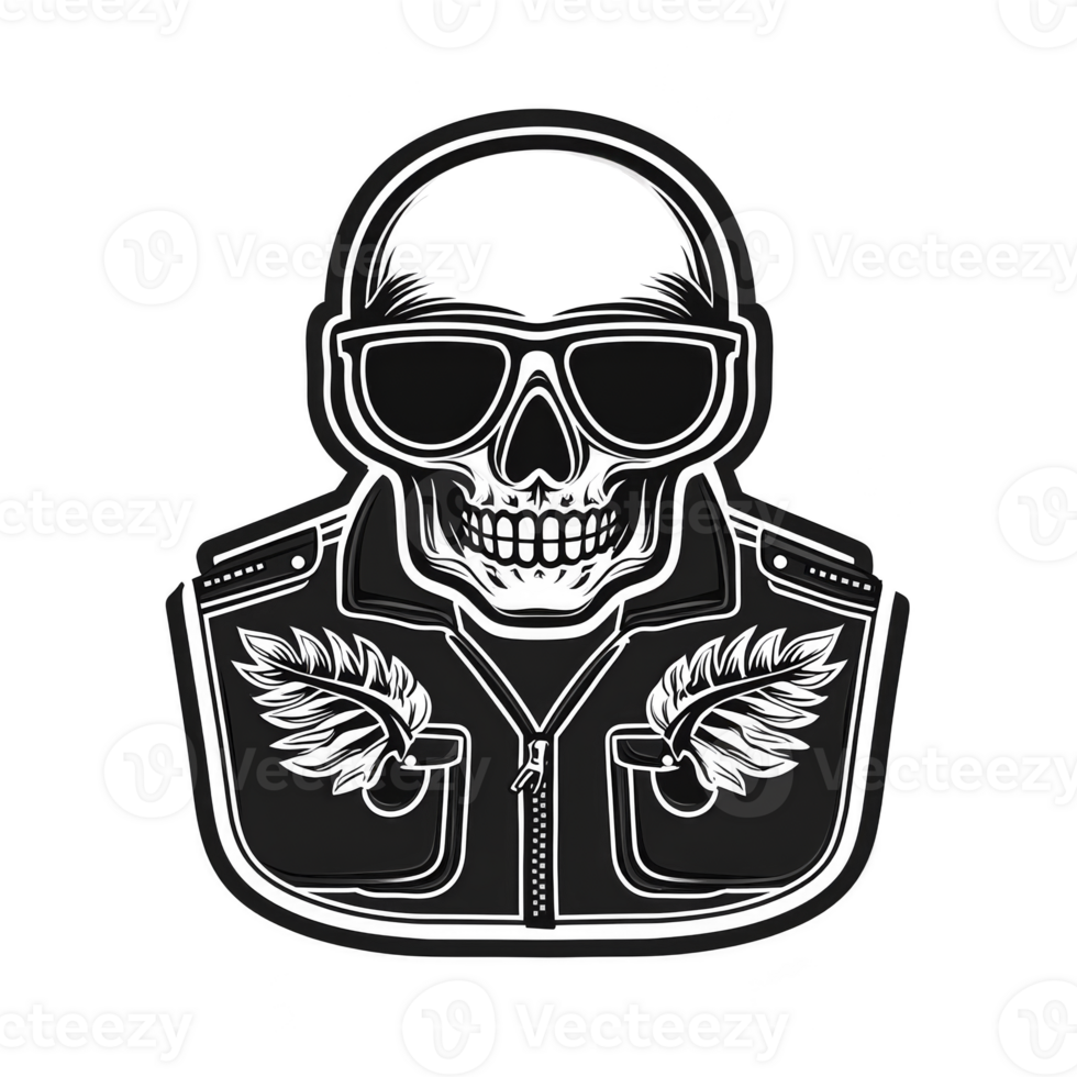 A stylized skull wearing sunglasses and jacket with wing designs, creating bold and edgy look. monochrome illustration emphasizes rebellious and artistic theme png