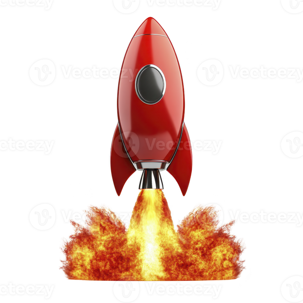 A red rocket ship with sleek design is launching with fiery flames and smoke trailing behind, symbolizing innovation and progress. vibrant colors and dynamic motion convey excitement and energy png