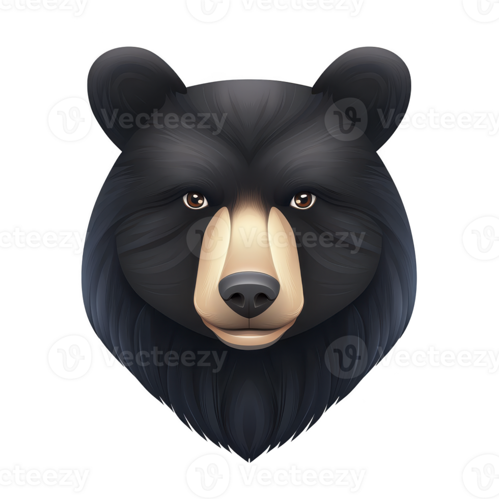 A realistic illustration of bear face with detailed fur and expressive eyes, showcasing calm and serene expression. bear dark fur contrasts with its lighter snout png