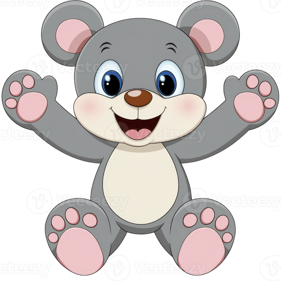 A cute cartoon teddy bear with joyful expression, featuring grey body, pink ears, and paws, sitting with arms raised. bear has large, expressive eyes and friendly smile png