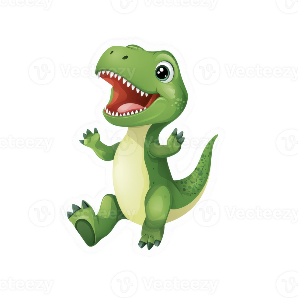 A cute cartoon dinosaur with big smile and green scales is playfully posing. Its large eyes and open mouth add to its cheerful expression, making it appealing to children png