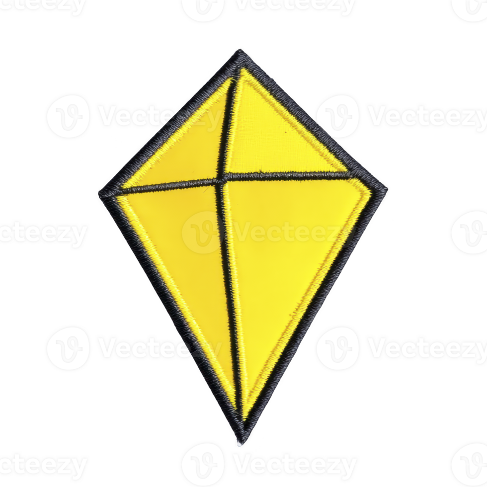 A vibrant yellow kite patch with black outlines, featuring simple geometric design. patch is isolated on transparency background, highlighting its bright color and clean lines png