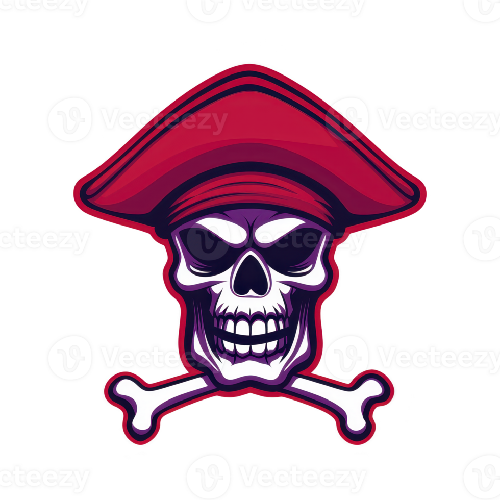 A menacing pirate skull with red hat and crossbones, symbolizing danger and adventure, is depicted in bold, cartoon style. vivid colors and striking design evoke sense of excitement and mystery png