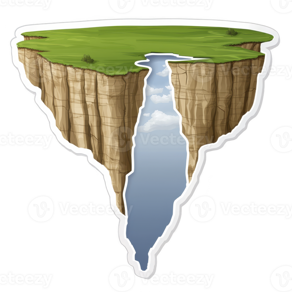 A floating island with grassy top and steep cliffs descends into narrow point, creating surreal and imaginative landscape. sky is visible through gap, adding depth and wonder png