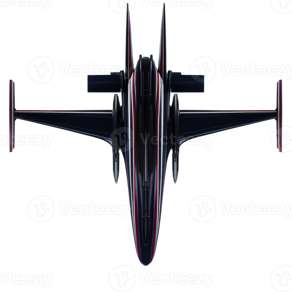 A sleek futuristic aircraft with streamlined design and bold stripes, viewed from above, showcasing its advanced aerodynamics and modern engineering png