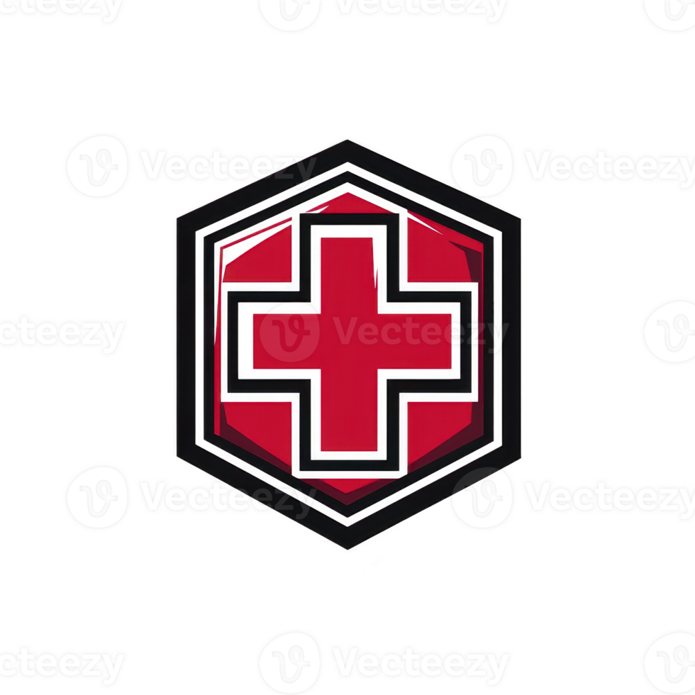 A red cross symbol is centered within black hexagonal frame, representing medical or emergency services. design is bold and striking, conveying sense of urgency and care png