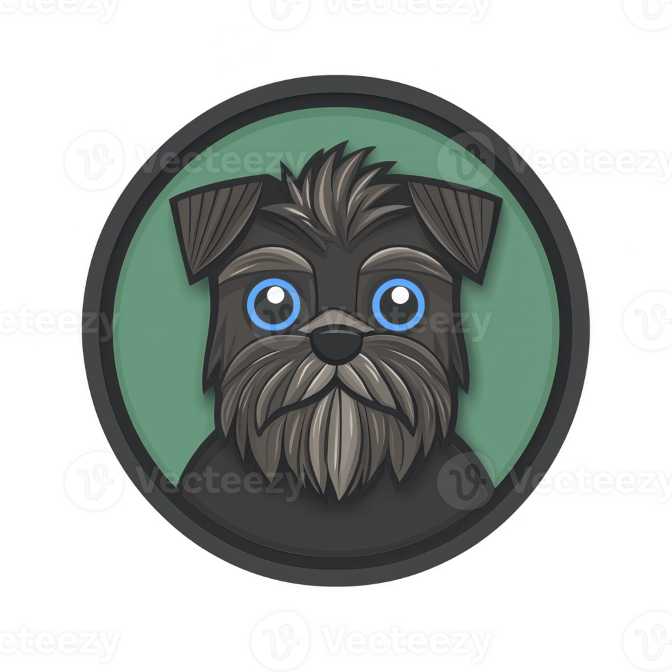 A cute cartoon dog with big blue eyes and fluffy beard is centered in circular frame with green background. illustration has playful and friendly vibe png