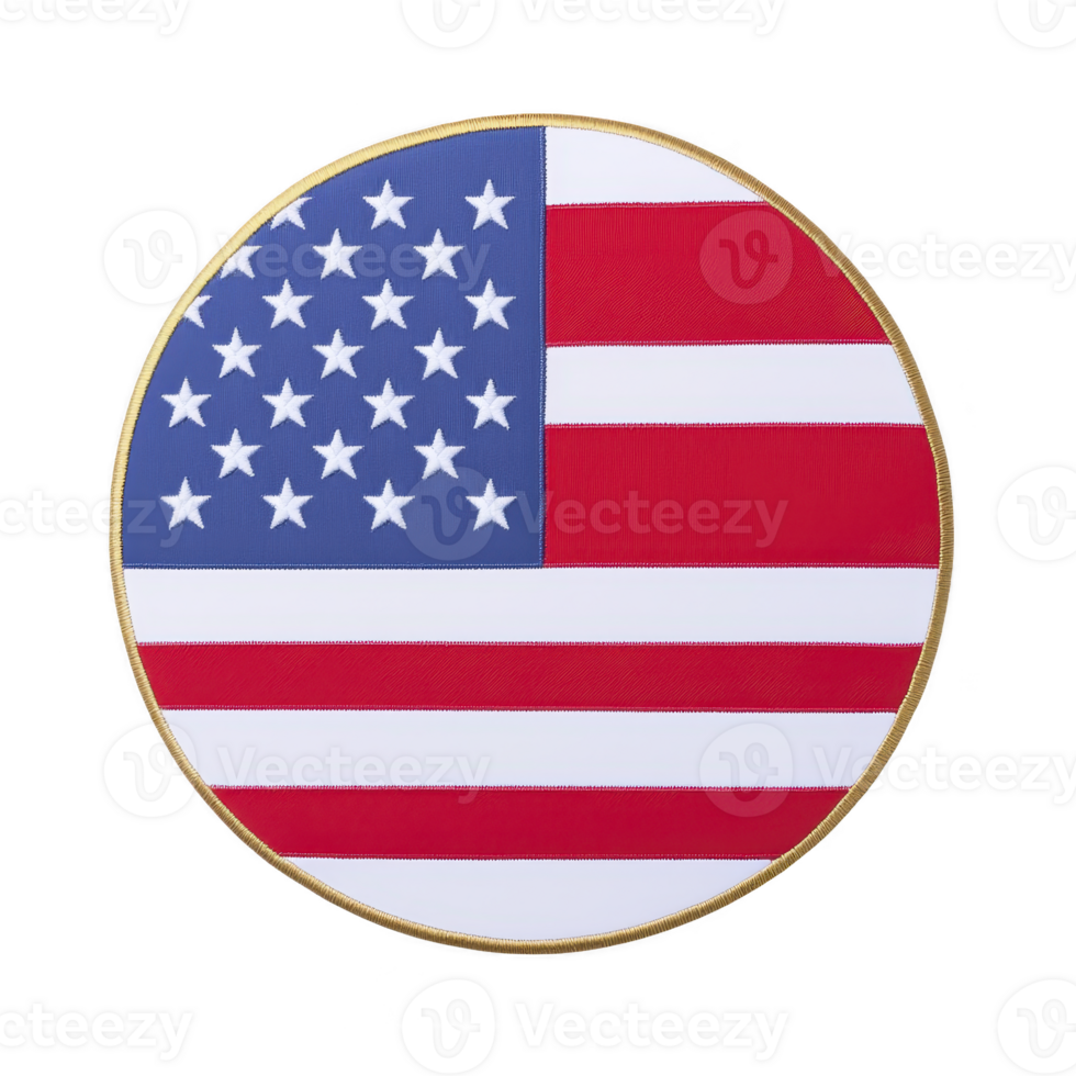 A circular patch featuring American flag with stars and stripes, symbolizing patriotism and national pride. design is bordered with gold edge, adding touch of elegance png