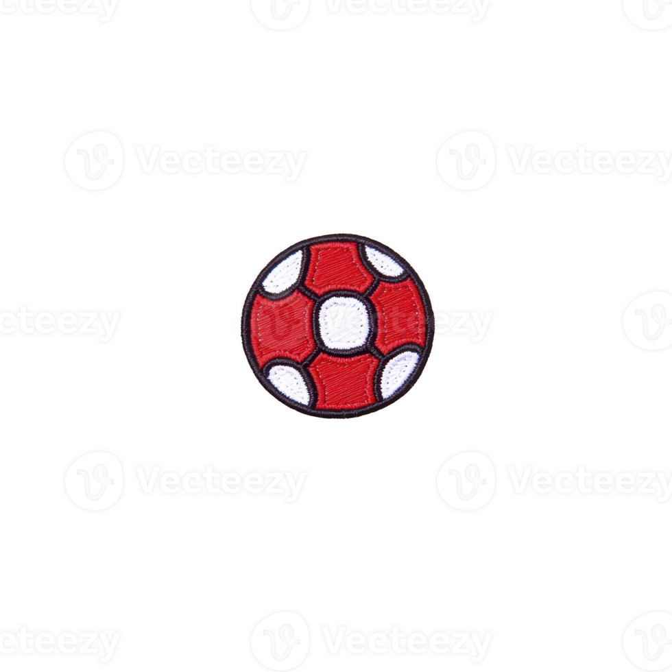 A This features red and white embroidered patch shape of soccer ball, isolated transparency background. patch has playful and sporty design, ideal for clothing or accessories.soccer ball patch png