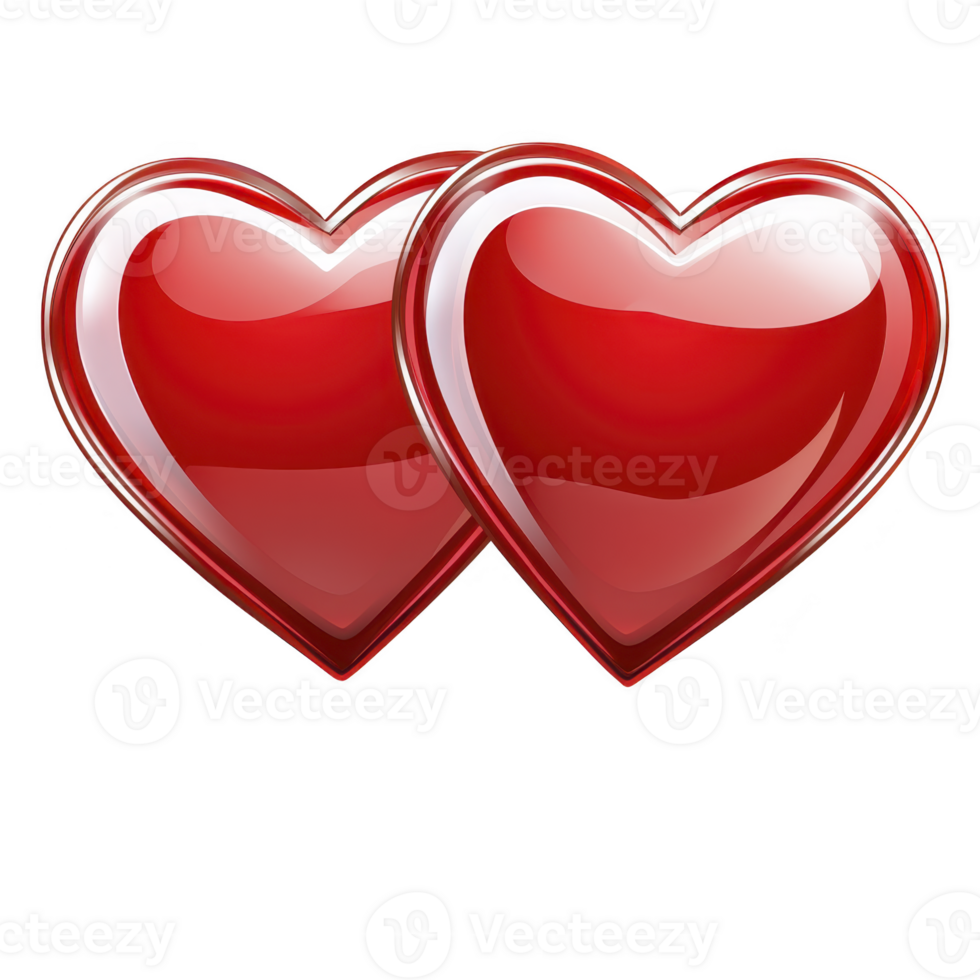 A Two glossy red hearts are intertwined, symbolizing love and connection. shiny surface reflects light, adding sense of depth and emotion to image. Perfect for romantic themes png